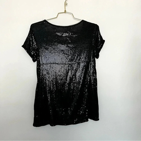 Max Studio Sequined Black Bouse Top Size Medium Short Sleeve - Picture 2 of 7